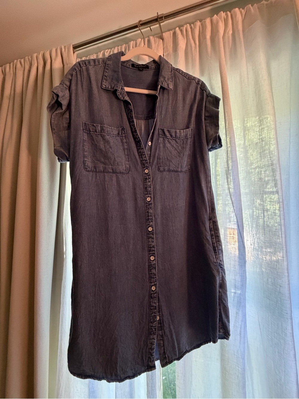 Washed Denim Shirt Dress - Casual Button-Front